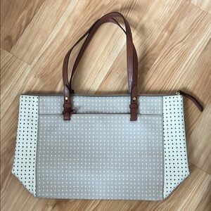 Fossil Gray and White Tote Bag with Durable Handles
